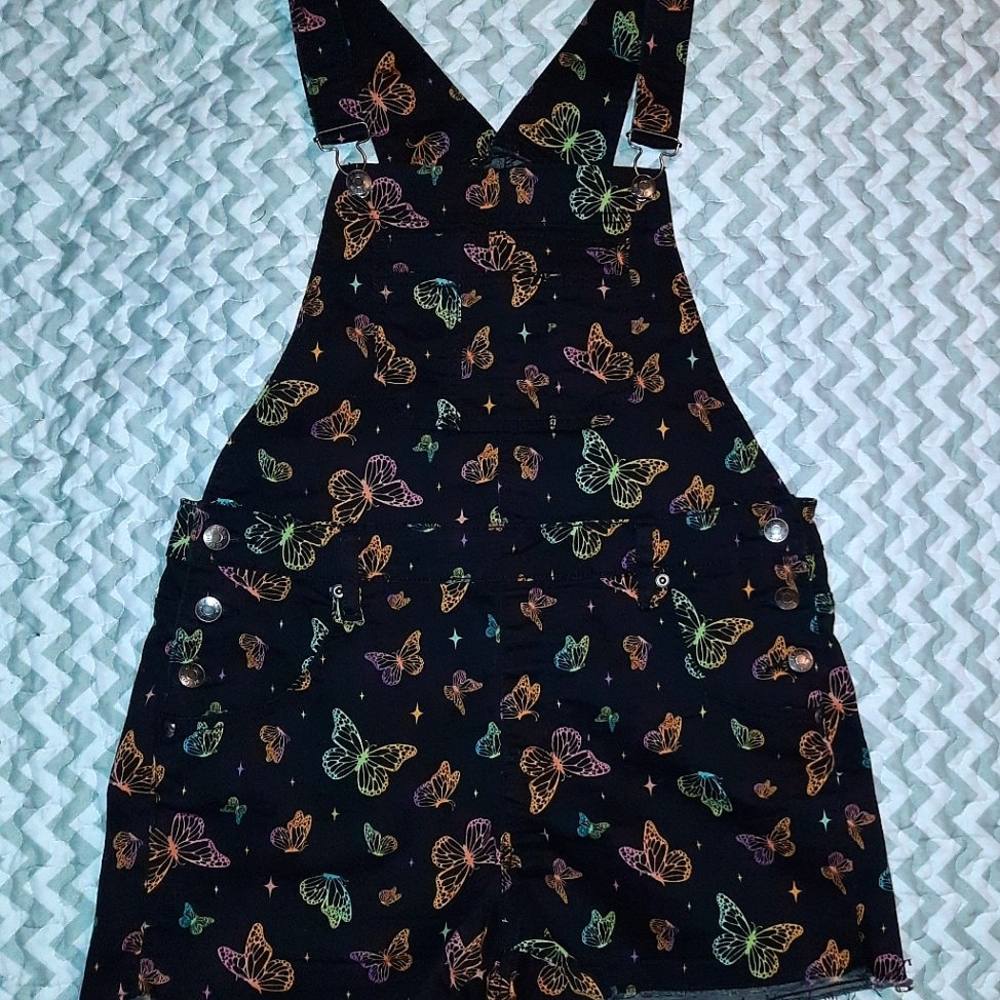 Shortalls Black w/ Butterfly Rainbow Pattern Hot Topic